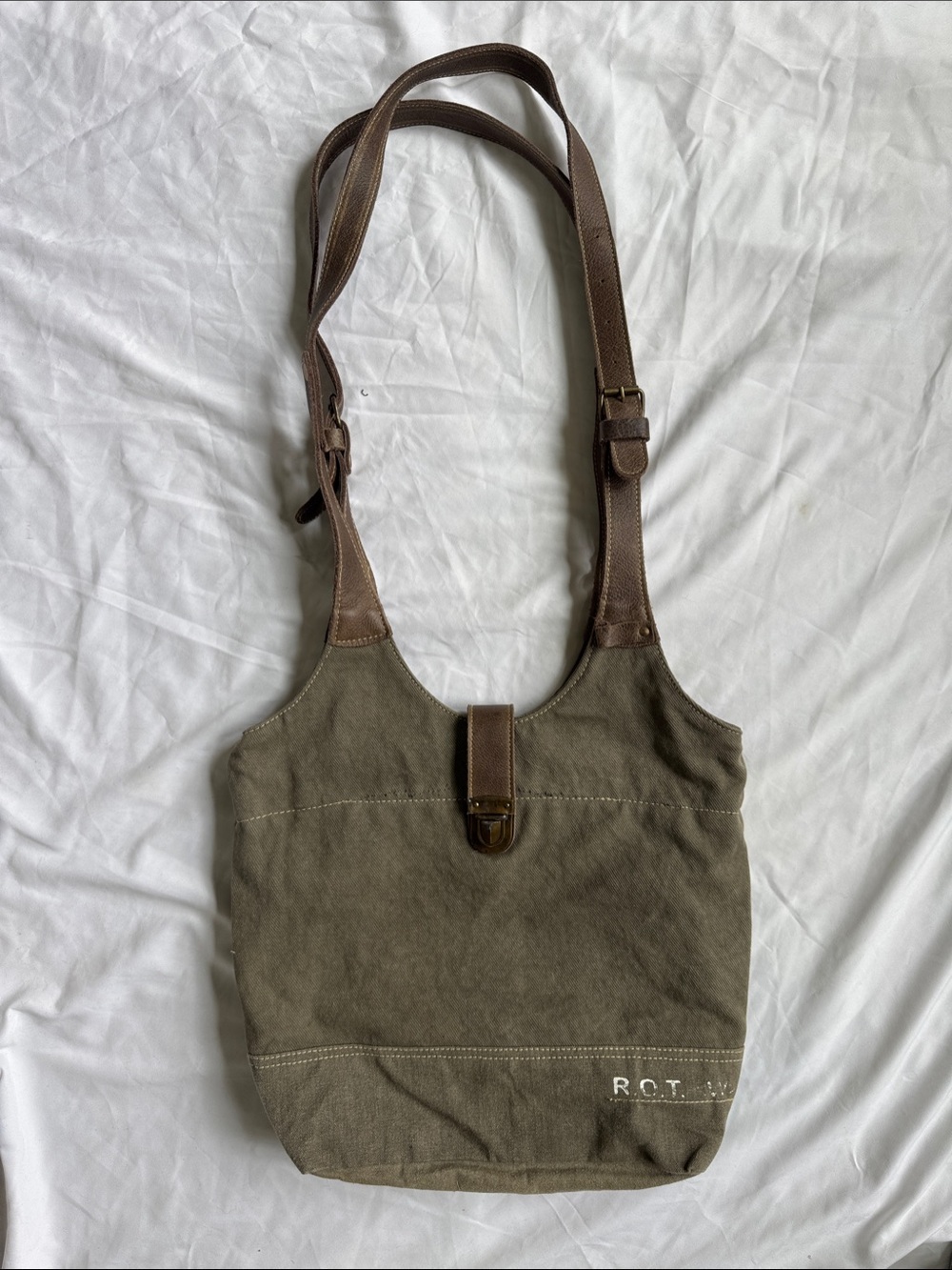 R.O.T. Olive Canvas Messenger Bag with Brown Leather Trim